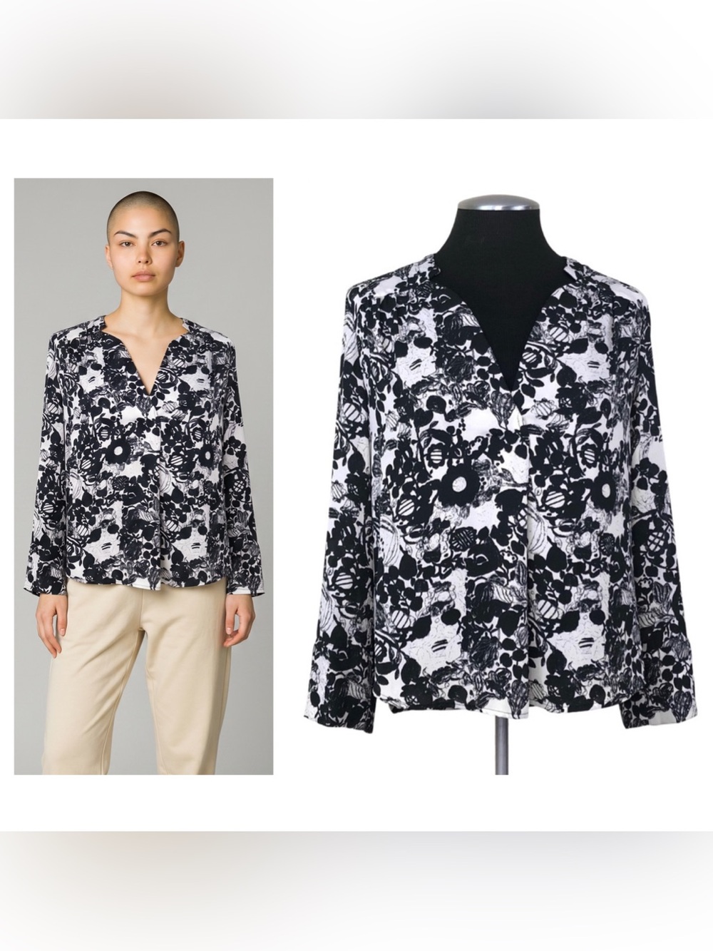 🆕 19 Cooper - Inked Floral V-Neck Roll Tab Blouse - Petite Small